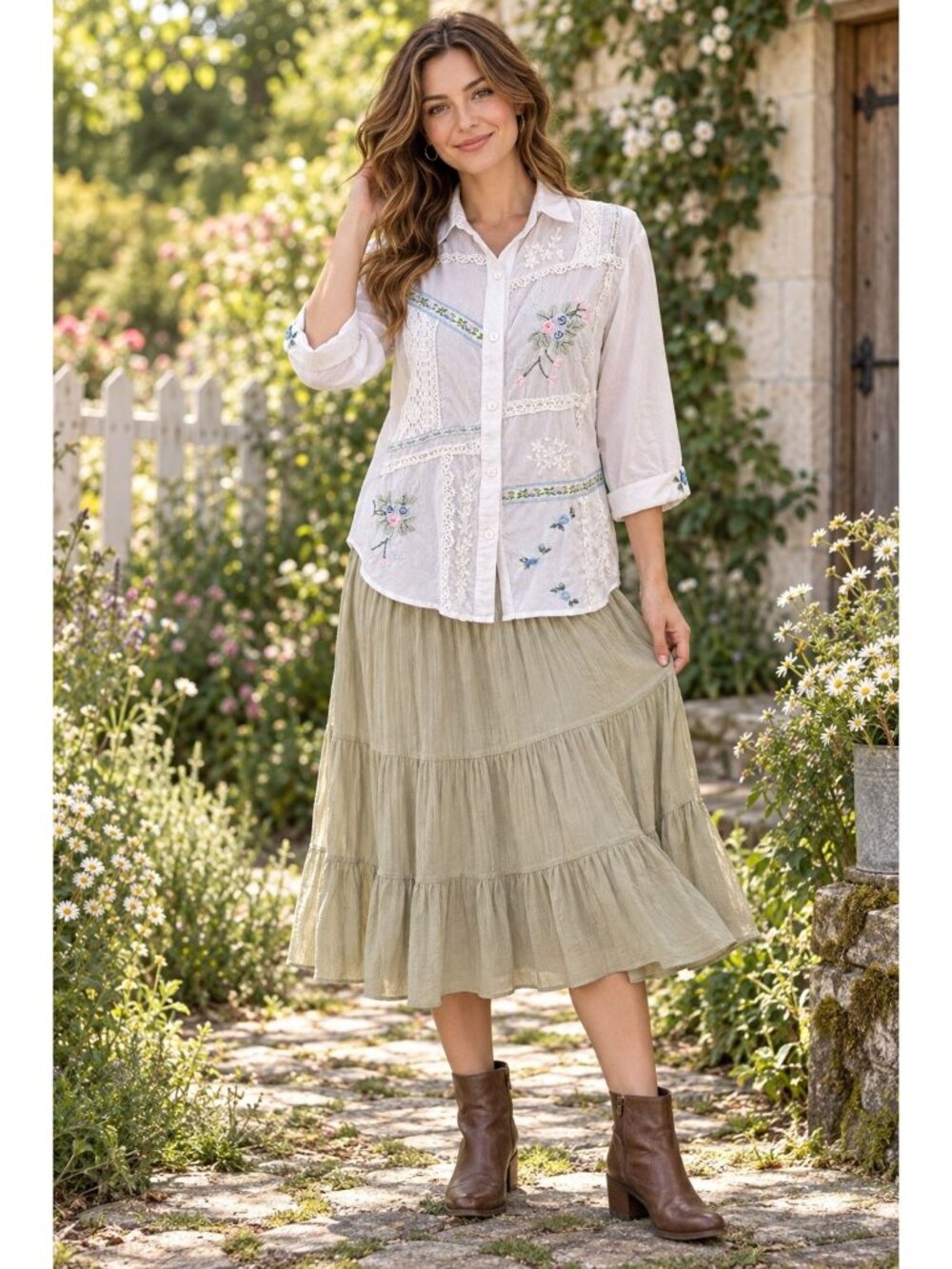 Graff patchwork floral embroidered button-down blouse Size M Cottagecore Casual